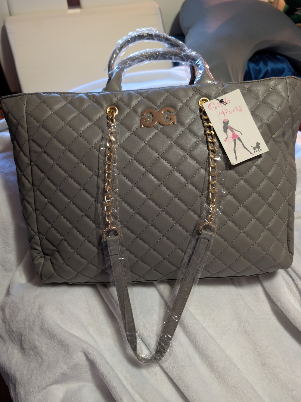 Quilted Gray Tote with Gold Chain Accents